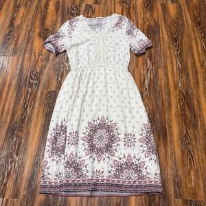 Parallel Skies Cream Burgundy Paisley Lace Trim Elastic Waist Maxi Dress M
